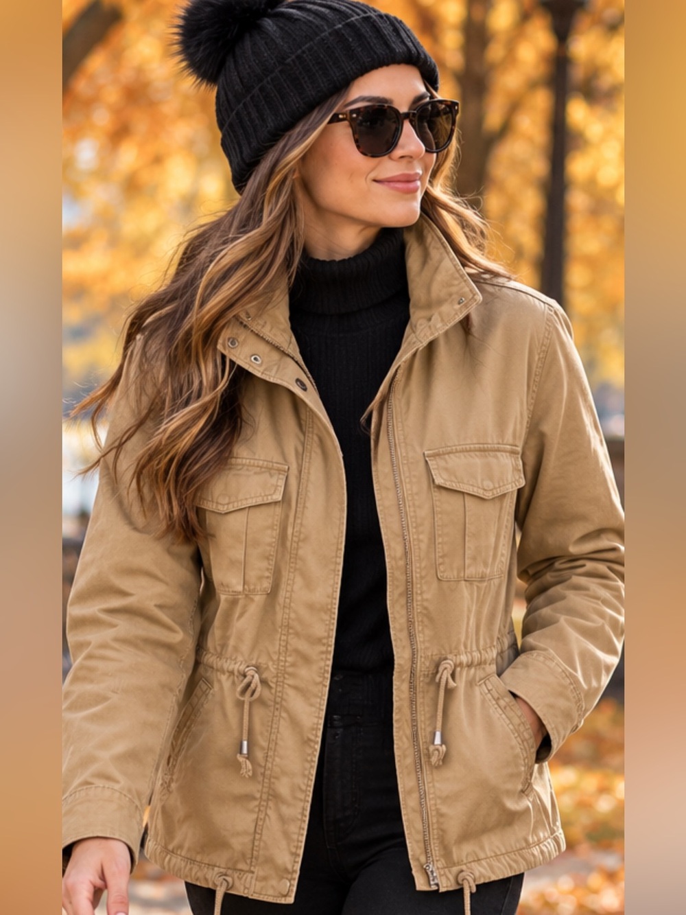 Tan Utility Jacket with Drawstring Waist Great for Fall Layering. Size Large.